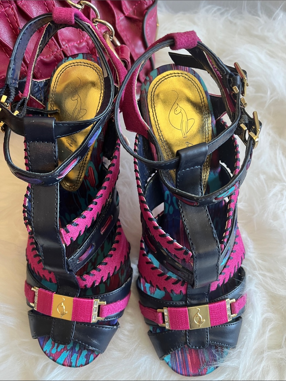 🦄Rare Vintage Y2K Baby Phat Strappy Heels Dark Navy Magenta Pink Gold - Size 6.5